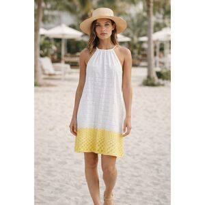 Lisa Perry Eyelet Embroidered Shift Dress in White and Yellow 10 NWOT